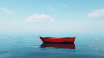 Naklejka premium minimalistic, realistic photograph of a man on a red wooden boat, gently floating on the ocean, with the horizon stretching far into the distance.