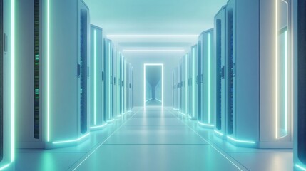 Obraz premium modern data server center with rows of sleek, high-tech server racks set against a clean white background.