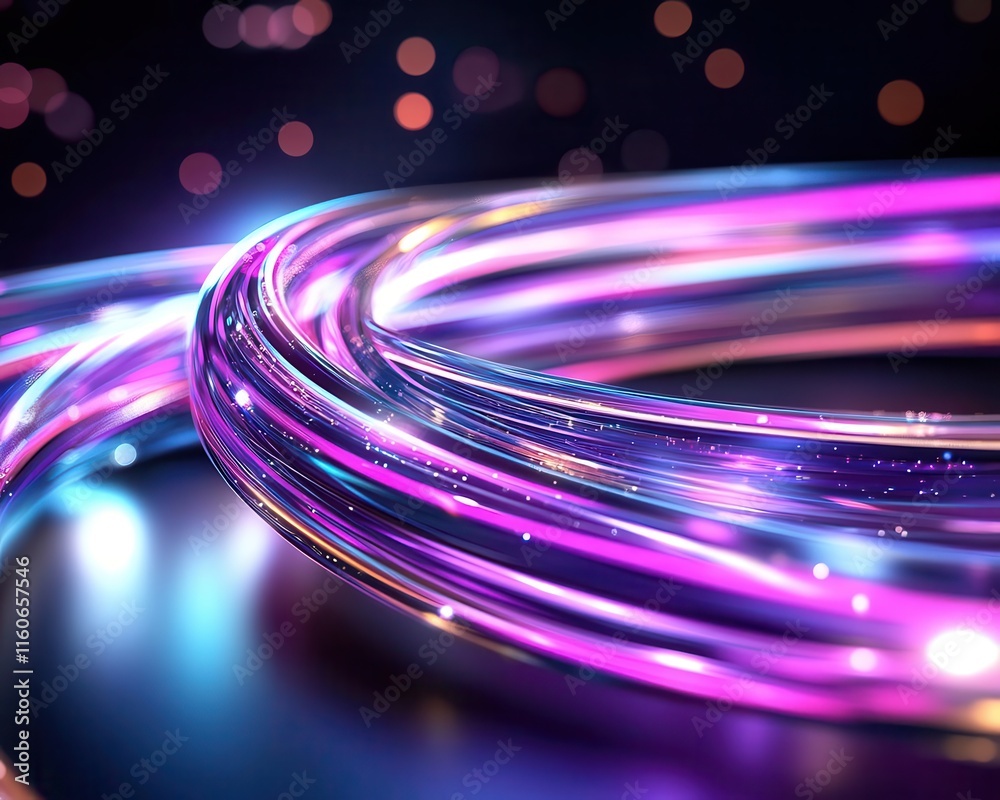 Poster animated light trails converging into spirals, kinetic design with movement illusion, futuristic and