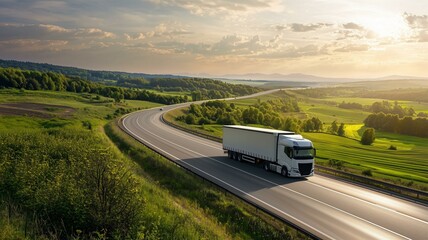 Photorealistic view of a self-driving electric truck on a highway surrounded by green landscape
