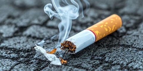 Cancer awareness. Cigarette on asphalt with smoke rising, representing smoking habits and littering.