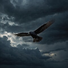 A crow flying through a stormy sky, with dark clouds and a single ray of light breaking through.