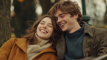 Obraz premium Young couple shares laughter while sitting on a park bench during autumn afternoon