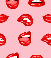Pattern cute stylish lips on pink background.