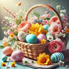 A bright spring still life with pastel Easter eggs, fresh flowers, and a wicker basket.
