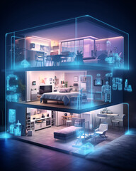 Smart home technology conceptual hologram system. Building consists digits and connected with icons of domestic smart devices.