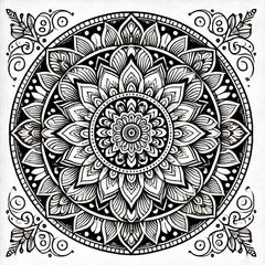 Intricate Black and White Floral Mandala Design | Symmetrical Mehndi-Inspired Art | Detailed Geometric Patterns for Coloring Books and Tattoos