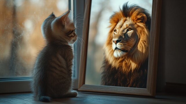 Kitten Sees a Lion Reflection in Mirror &ndash; Inspirational Concept of Self-Perception, selective focus