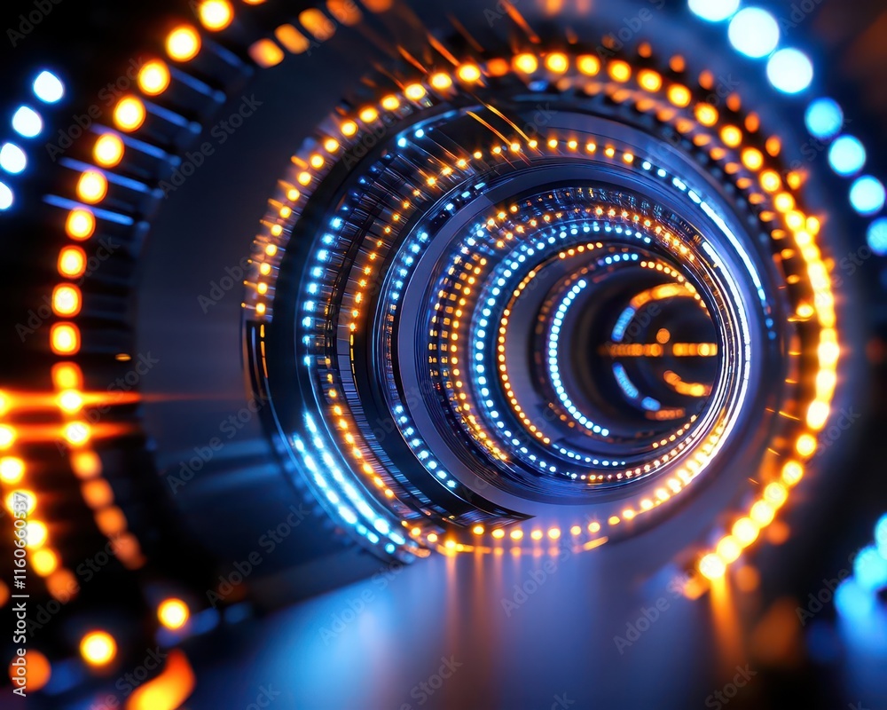 Poster animated light trails converging into spirals, kinetic design with movement illusion, futuristic and