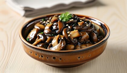Fototapeta premium Gourmet Stir Fried Mushrooms with Sesame Seeds in Elegant Bowl Presentation
