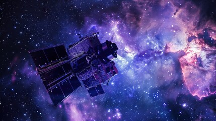 A space station with an advanced telescope attached, capturing images of distant star clusters in a nebula. 