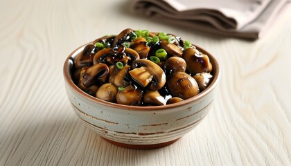 Fototapeta premium Fried Mushrooms with Stir Sauce and Green Onions in a Stylish Bowl on a Wooden Surface