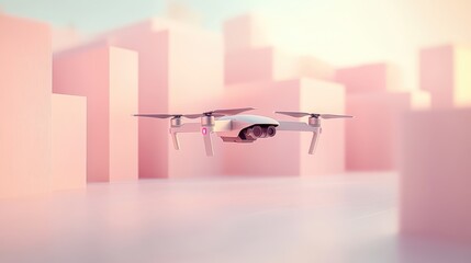 Drone hovering amidst soft pink geometric shapes in a dreamy setting