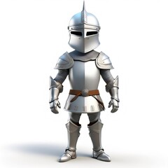 3D cartoon knight wearing shining armor, striking a heroic pose against a crisp white background, embodying strength and chivalry