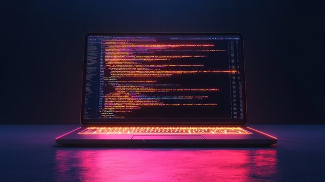 Laptop displaying colorful code lines at night.
