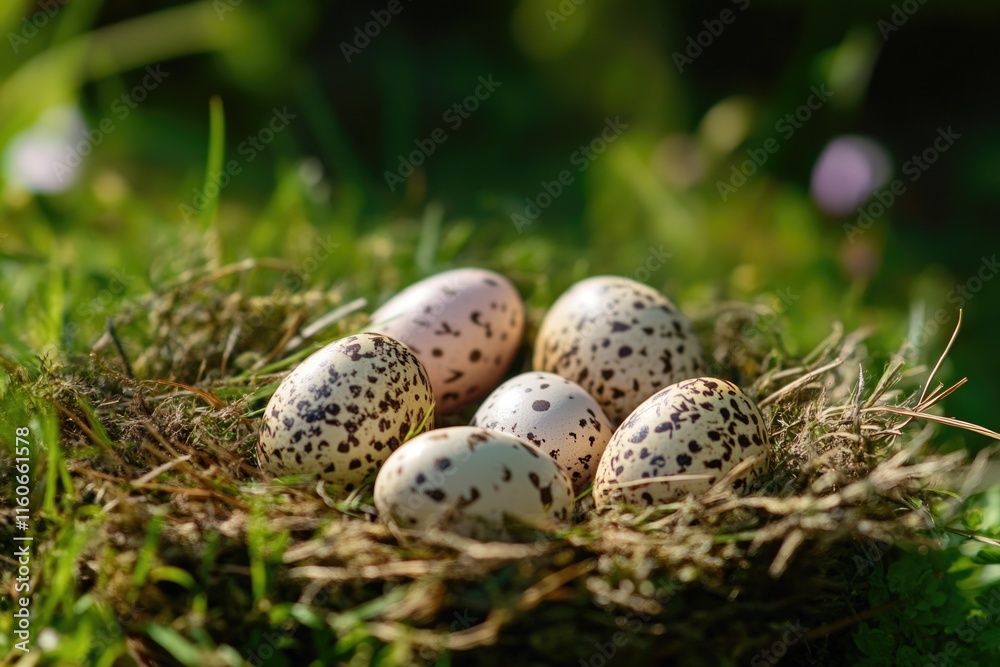 Wall mural Eggs in a nest on the grass, possibly from a bird