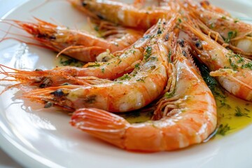 Shrimp served on a white plate with a savory sauce, perfect for a meal or appetizer