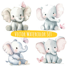 Watercolor Baby Elephants with Butterflies   Vector Set