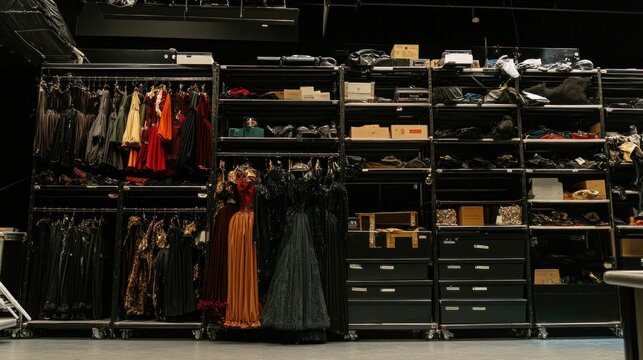 Costumes and props stored on metal racks in a dark theater storage room.