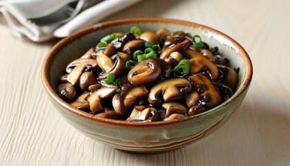 Fototapeta premium Upscale Stir Fried Mushrooms in Elegant Bowl with Green Onions on Table Setting