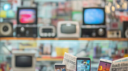 A visual metaphor showing traditional media like newspapers, TV, and radios fading into the background, while modern digital devices take center stage. This image highlights the shift from traditional