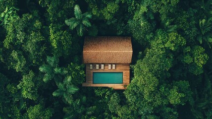 A serene aerial view of a tropical villa surrounded by lush greenery and a tranquil swimming pool.