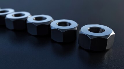 Close-Up View of Metallic Nuts in a Row on Dark Surface
