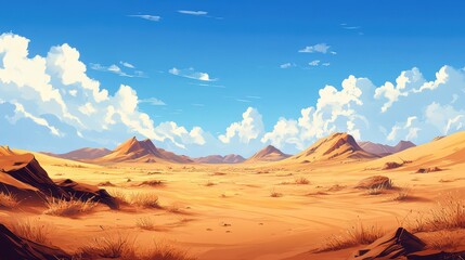 Naklejka premium Vast desert landscape showcases golden sand dunes under a bright blue sky with clouds