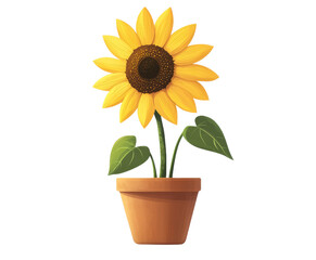 Obraz premium A vibrant sunflower with yellow petals and a brown center, placed in a terracotta pot, showcasing lush green leaves.