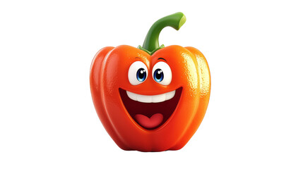 A cheerful, cartoonish orange bell pepper with a big smile and expressive eyes.