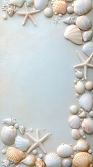 Obraz premium A whimsical vertical frame made of seashells, corals, and tiny starfish in pastel tones