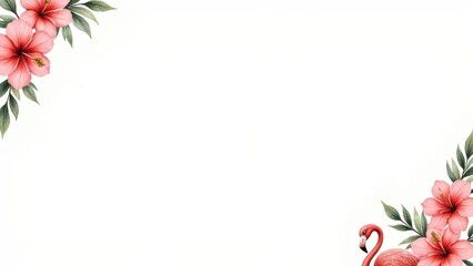 A delicate pink hibiscus flower border frames a playful pink flamingo on a crisp white background, surrounded by lush greenery