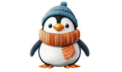 Fototapeta premium A cute penguin wearing a blue hat and an orange scarf, characterized by its rounded body and vibrant colors.