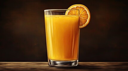 Fototapeta premium Refreshing glass of orange juice with an orange slice garnish on a wooden table.