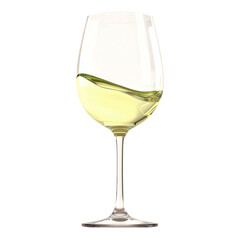 A wine glass filled with white wine, showcasing the liquid's gentle curve and reflective qualities.