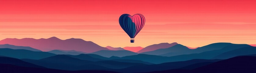 Fototapeta premium Heart-Shaped Hot Air Balloon Floating Over a Romantic Sunset Landscape, Perfect for Love and Adventure Themes