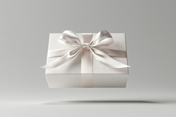 Elegant White Gift Box with Satin Bow Floating in Cold Light Against a Plain Gray Background Perfect for Holiday and Celebration Themes