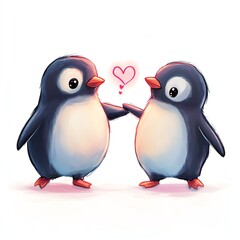 Fototapeta premium Cute penguins holding flippers with a heart between them, symbolizing love and friendship.