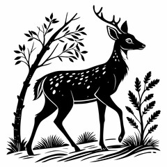 Watercolor Christmas Deer Black silhouette