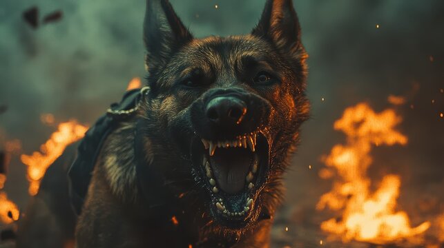 Snarling hell hound police dog in action during a dramatic confrontation