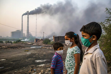 children wear masks as they stand in front of a factory in the outskirts of dhaka bangladesh on