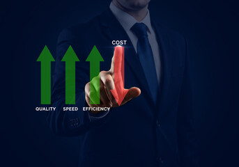 Businessman Highlighting Cost Reduction with Quality, Speed, and Efficiency