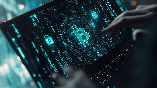 A person is pointing at a computer screen with a blue screen that has a bitcoin