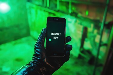 Futuristic Alert Display on Smartphone Held in Gloved Hand in Dim Green Lighting with Industrial Background and Techy Vibes