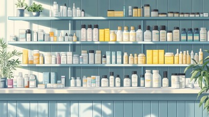Sunlit shelves stocked with beauty and health products.