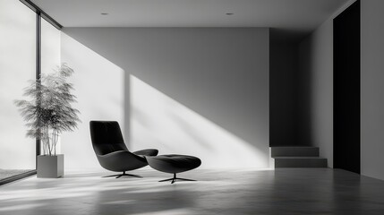 Sleek minimalist living room with natural light and modern furnishings
