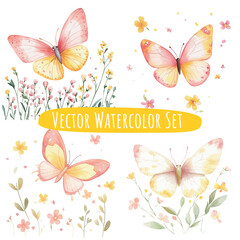 Watercolor Butterflies & Flowers Illustration Set