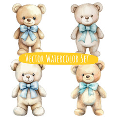 Watercolor Teddy Bears Set   Vector Illustration