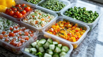 Meal prepping for healthy eating with portioned vegetables and rice in containers