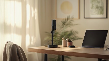 Fototapeta premium A minimalist podcast office featuring a clean wooden desk, a condenser microphone, and a laptop, framed by neutral-toned decor